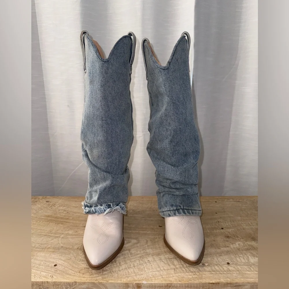 Steve Madden Lassy Denim Cowboy Boot Frayed Hem Western Festival | Size 5M - Picture 6 of 16